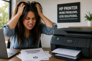 Frustrated woman pulling her hair while dealing with an HP printer cartridge error in a home office.