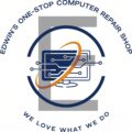 Edwin's One-Stop Computer Repair Shop company logo featuring a computer monitor and circuit board design.