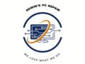 Edwin's PC Repair logo featuring a blue computer monitor with circuit traces, an orange orbit ring, and the tagline "We love what we do